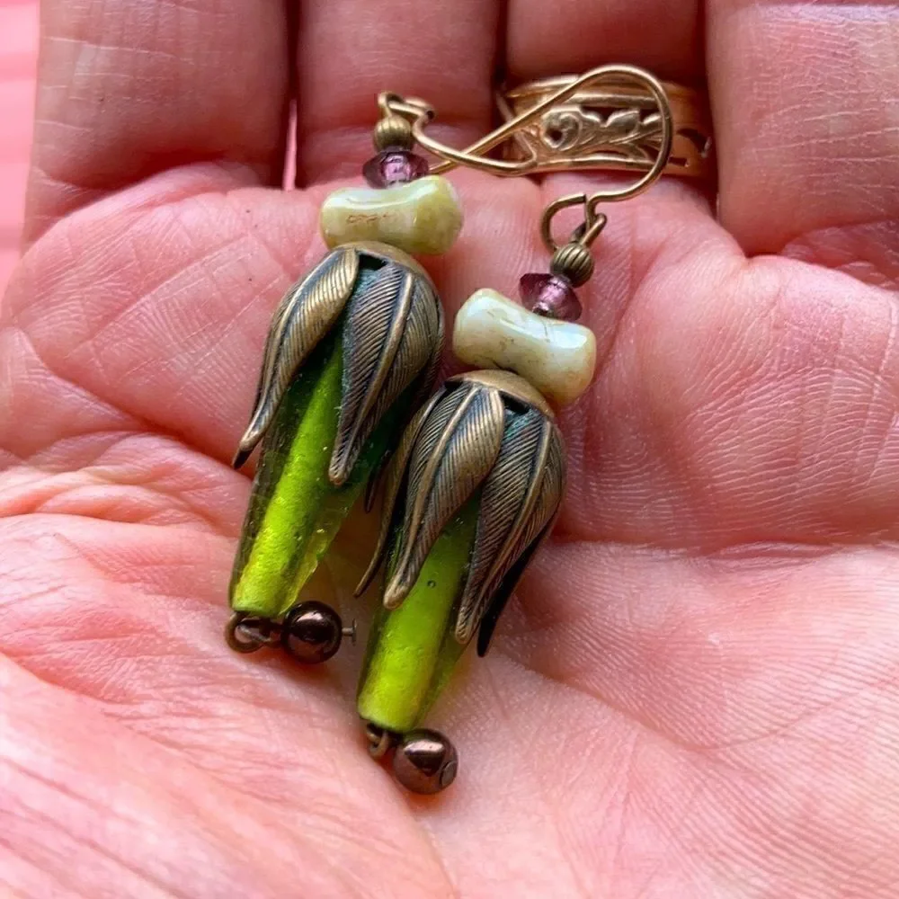 Vintage Glass metal bead bronze pierced green purple bone color earrings